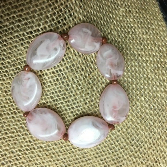 Oval Bead Stretch Bracelet Barbie Soft Pink Brown Cottage Granny Retro BoHo - Picture 4 of 5